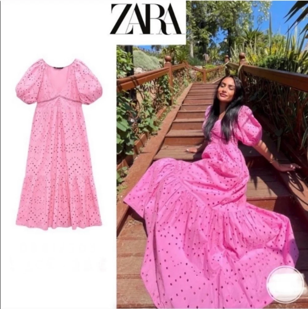 Zara * Openwork Embroidered Boho Flowy Dress Midi Maxi Size S Pink